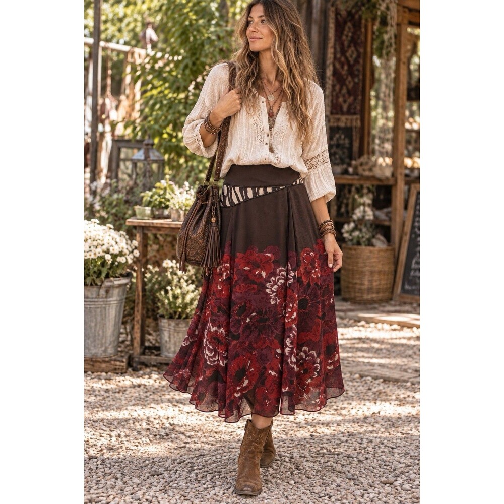 Coldwater Creek Boho Floral Midi Skirt Flowy Chiffon Lined Brown Red Small (6-8)